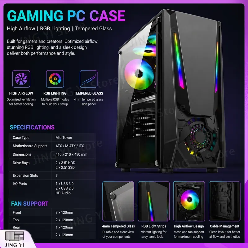 ATX 게이밍 PC 케이스 강화유리 데스크탑 컴퓨터 섀 - Gaming Hardware And Accessories 리뷰 및 가격