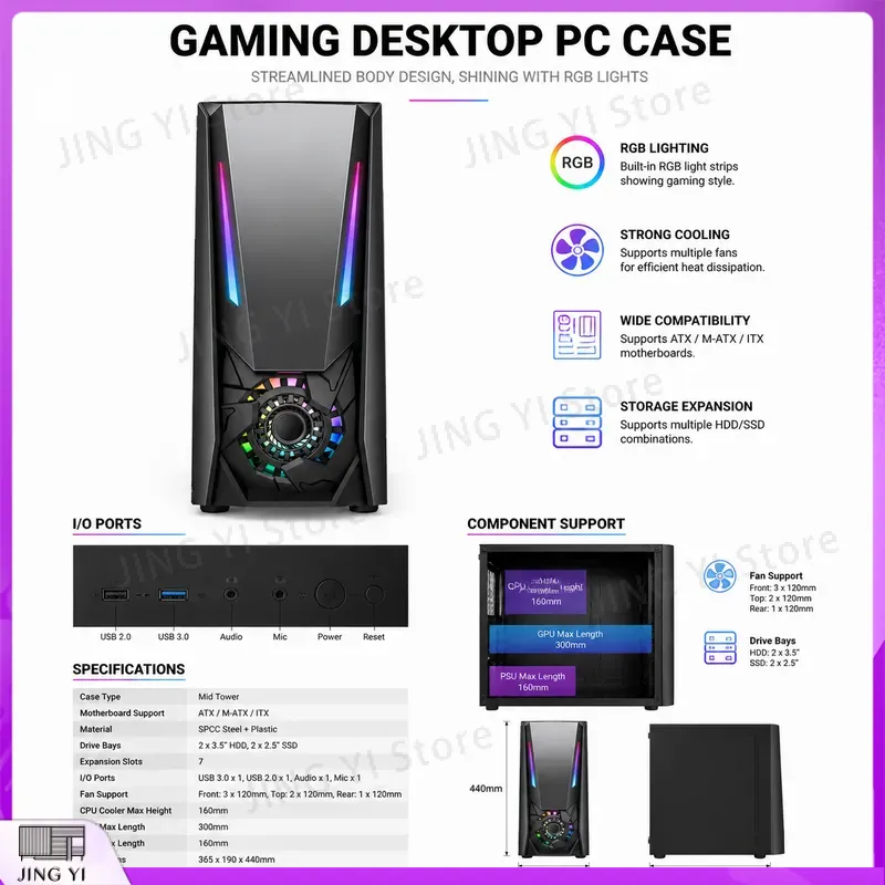 ATX 게이밍 PC 케이스 강화유리 데스크탑 컴퓨터 섀 - Gaming Hardware And Accessories 리뷰 및 가격